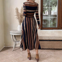 Women's Vintage Maxi Dress, Long Sleeve Crewneck Empire Waist Long Dress, Slim Fit Fall Casual Boho Chic Dress