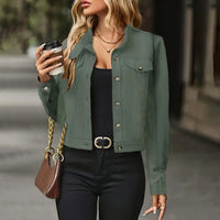 Women's Faux Suede Cropped Jacket, Vintage Stand Collar Short Coat Casual Button Up Fall Outwear