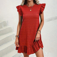 Womens Plus Size Round Neck Solid Dress Falbala Sleeveless Ruffled Summer Dress With Pleated Detail