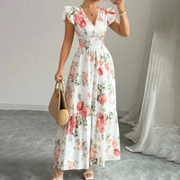 Womens Casual Summer Maxi Dress Flutter Short Sleeve V Neck Smocked A Line Flowy Beach Vacation Long Dresses