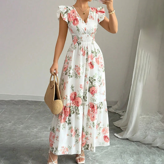 Womens Casual Summer Maxi Dress Flutter Short Sleeve V Neck Smocked A Line Flowy Beach Vacation Long Dresses