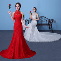 Big Red Wedding Dress Bride Large Size Waist Fishtail Wedding Dress Fishtail Tail Korean Hanging Neck