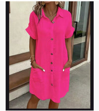 Summer Simplicity V-neck Buttons Cotton Linen Women's Shirt Dress