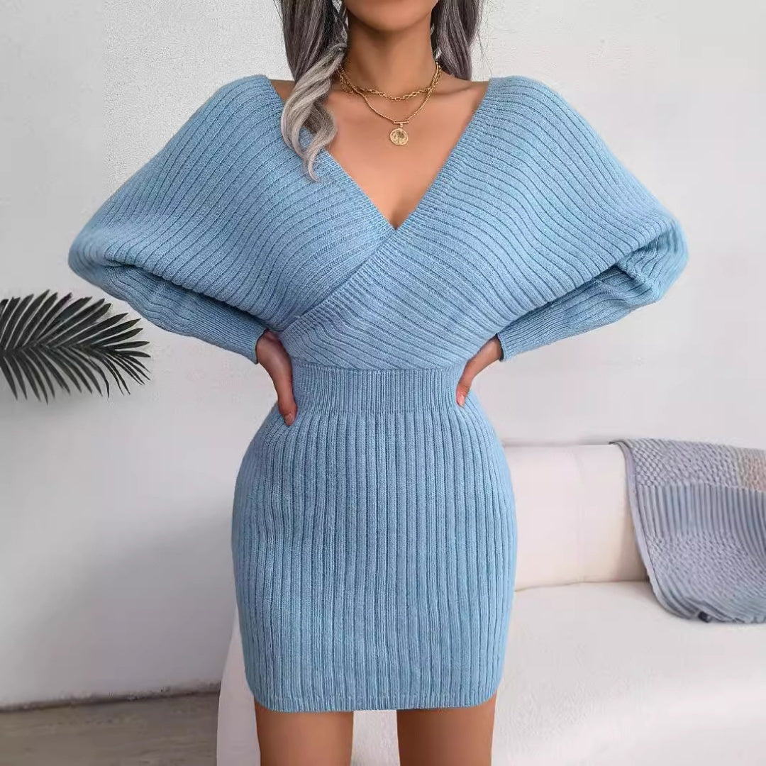 2025 Autumn-Winter Sexy Cross V-neck Bat Skirt With Hip Wrapping, Hairy Dress