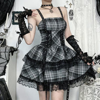 Black Gray Plaid Lace Dress For Women Summer New