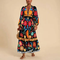 Women's Bohemian Floral Print Dress Cuff Long Sleeve Round Neck Maxi Dress For Spring&Fall