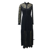Women's Black Stand Collar Long Sleeve Dress With Button Front & Lace Detail - Flowy Spring Summer Maxi Dress
