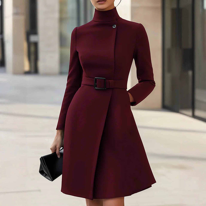 Women's Stand Collar Long Sleeve Dress, Elegant High Waist Belted Midi Dress, Slim Fit Office Formal Dress