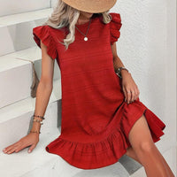 Womens Plus Size Round Neck Solid Dress Falbala Sleeveless Ruffled Summer Dress With Pleated Detail