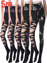 5 Pack Wholesale Fashion Women Sports Yoga High Waist Tie Dye Print Ripped Hollow Leggings Pants