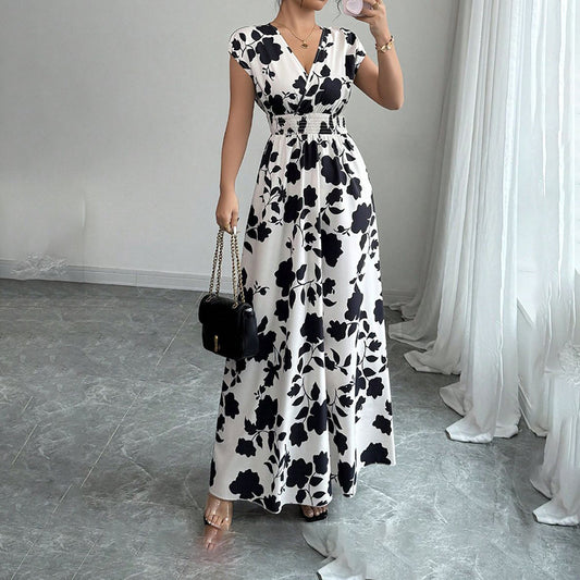 Women's Wrap V Neck Short Sleeve Empire Elastic Waist Summer Casual Elegant Maxi Long Dresses