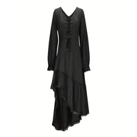 Women's Solid Color Deep V-Neck Irregular Ruffle Hem Sexy Tie-Waist With Cuffed Sleeves Summer Gothic Lace Trim Midi Dress