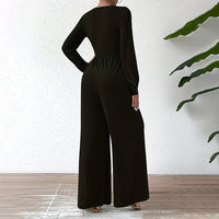 Elegant Cross V-Neck Belted Jumpsuit – Long Sleeve Wide-Leg Pantsuit