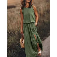 Women's Maxi Dress Summer Sleeveless Crewneck Sundress Casual Loose Long Dresses With Pockets