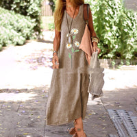 Large Design Cotton And Linen Retro Printed V-neck Dress