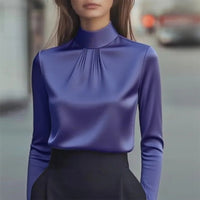 Women's Solid Color Long Sleeve Turtleneck Shirt, Pleated Detail Blouse For Office Wear And Formal Occasions