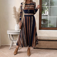Women's Vintage Maxi Dress, Long Sleeve Crewneck Empire Waist Long Dress, Slim Fit Fall Casual Boho Chic Dress