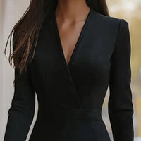 Women's Elegant Solid Color V-Neck Long Sleeve Midi Dress Slim Fit Office Dress For Spring & Summer