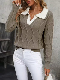 Women's Lapel Long Sleeve Contrast Color Knitted Sweater