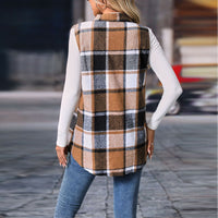 Women's Plaid Print Vest With Lapel Collar Long Sleeveless Button Front Mid-Length Jacket For Spring And Fall Layering
