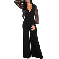 Women's Elegant V Neck Mesh Long Sleeve Loose Wide Leg Romper Party Jumpsuits With Rivet Cuffs