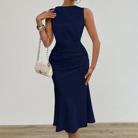 Women's Summer Sleeveless Tank Dress Crew Neck Slim Fit Ruched Bodycon Dress Casual Party Club Dress