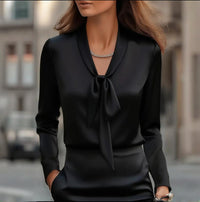 Women's Elegant Satin Blouse, Long Sleeve Button Down Shirt With Ribbon Detail For Office Work