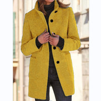Women’s Woolen Stand Collar Coat – Fall Winter Casual Button Outwear with Pockets