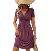 Color Cotton Short Sleeve V-neck Design Chest Twist Waist Dress