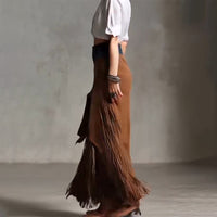 Boho Patchwork Maxi Skirt – Fringe Hem with High Side Slit