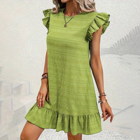 Womens Plus Size Round Neck Solid Dress Falbala Sleeveless Ruffled Summer Dress With Pleated Detail