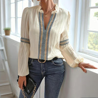 Boho Chic Colorblock Top – Patchwork V-Neck Blouse with Lantern Sleeves