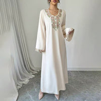 Women's Middle Eastern Embroidered Maxi Dress - Round Neck Long Sleeve Flowy Kaftan With Exquisite Embroidery, Loose Fit