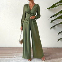 Elegant Cross V-Neck Belted Jumpsuit – Long Sleeve Wide-Leg Pantsuit