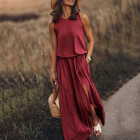 Round Neck Sleeveless Split Solid Color Dress