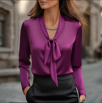 Women's Elegant Satin Blouse, Long Sleeve Button Down Shirt With Ribbon Detail For Office Work