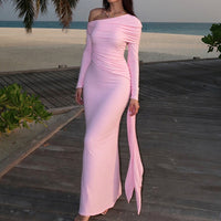 Women's Elegant One-Shoulder Ruffle Dress, Long Sleeve Bodycon Gown With Flowing Ribbon For Spring And Fall