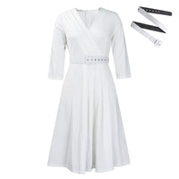 Women's Elegant V-Neck Cross-Wrap A-Line Dress With Belt & Ruffled Hem - Office & Casual Solid Dress For Spring&Summer