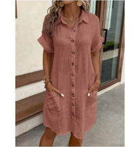 Summer Simplicity V-neck Buttons Cotton Linen Women's Shirt Dress