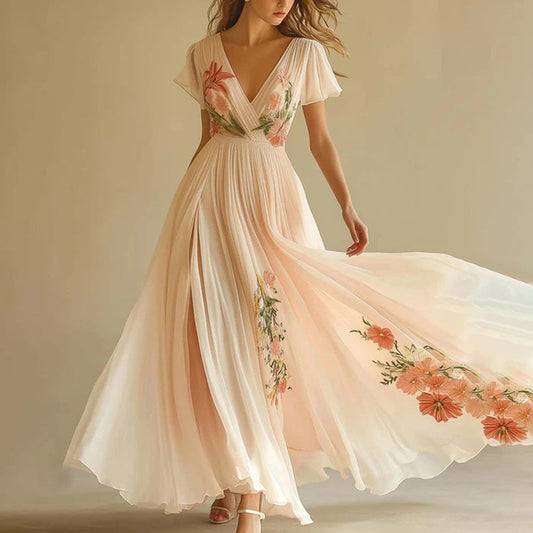 Women's Floral Print V Neck Pleated Chiffon Dress Flutter Short Sleeve Maxi Flowy Beach Wedding Guest Dresses