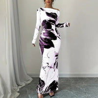 Women's Elegant Off-Shoulder Tie-Dye Floral Bodycon Dress Stretchy Season Party & Casual Dress