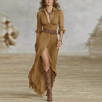 Solid Lapel Belted Maxi Dress – Button Front with Pleated High Slit