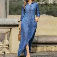 Womens Casual Button Down Denim Maxi Dress Long Sleeve Long Jean Dresses With Pockets