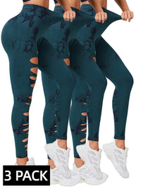 3 PACK Butt Hollow Out Tummy Control Sports Leggings Tie Dye Running Pants -