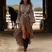 Boho Patchwork V-Neck Maxi Dress – Puff Sleeves & Asymmetric Hem