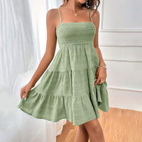 Women's Spaghetti Strap Sleeveless Smocked A-Line Swing Mini Dress, Elegant Casual Summer Dress