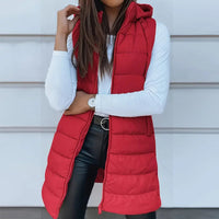 Women's Solid Color Sleeveless Hooded Vest, Mid-Length Zip-Front Waistcoat With Pockets For Spring And Fall Layering
