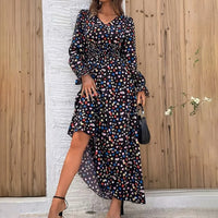 Women's V-Neck Floral Print Long Sleeve Maxi Dress - A-Line Hem With Lace Cuff Details, Elegant Bodycon Dress For Spring&Summer