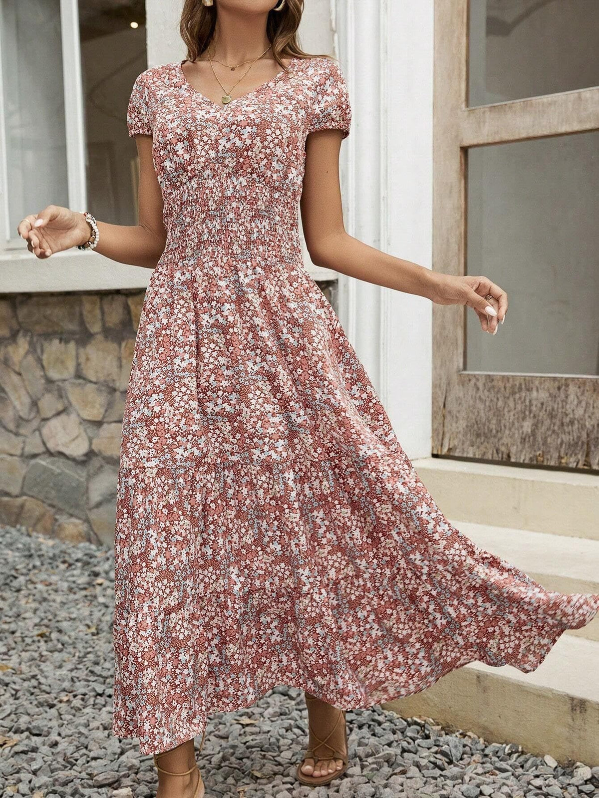 Blossom Chic V-Neck Floral Dress For Women - Soft, Breathable Polyester, Machine Washable, Easy Care, Perfect For Spring, Summer, And Fall Occasions, Everyday Wear, And Outdoor Activities