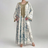 Women's Bohemian Embroidered Printed V-Neck Maxi Dress, Long Sleeve Loose Fit Casual Plus Size Dress